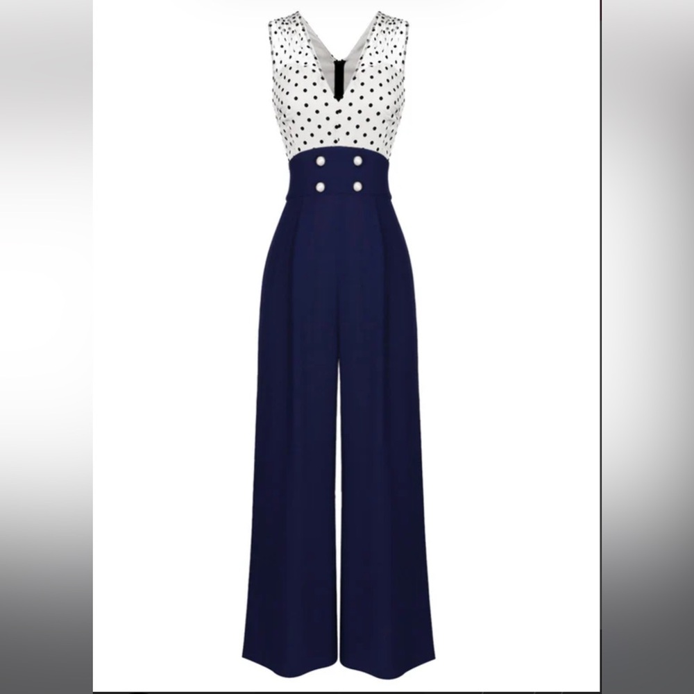 NWT - 1950’s NAVY POLKA DOT PATCHWORK BUTTON JUMPSUIT